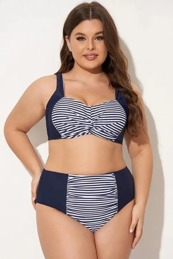 Navy Striped Twist-Front Bikini Top