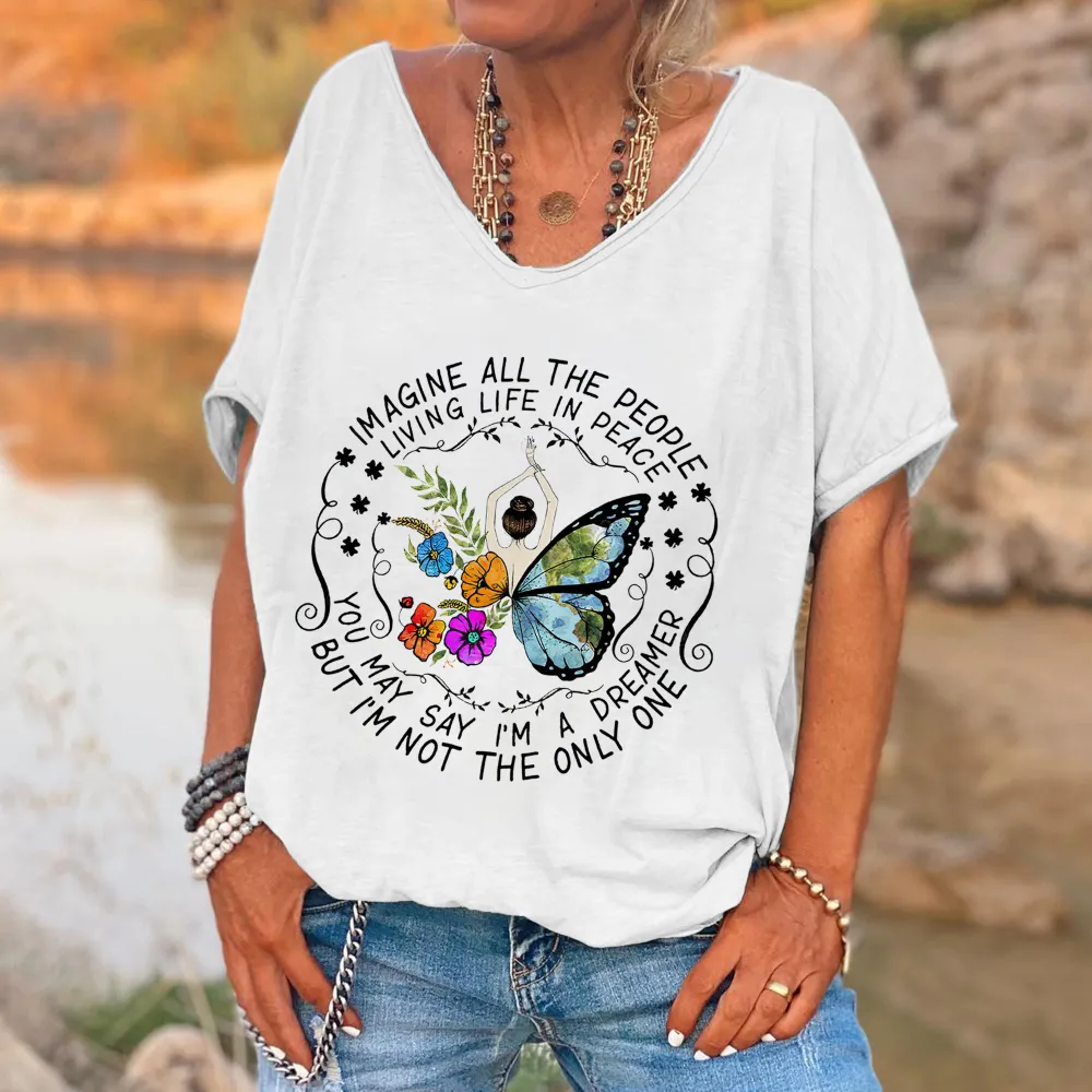Imagine All The People Living Life In Peace Printed Women's T-shirt