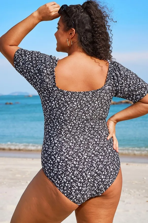 Floral Printed Short Sleeve One Piece Swimsuit