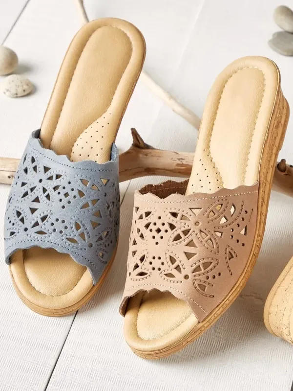 Women's Leather Cutwork Wedge Slide Sandals
