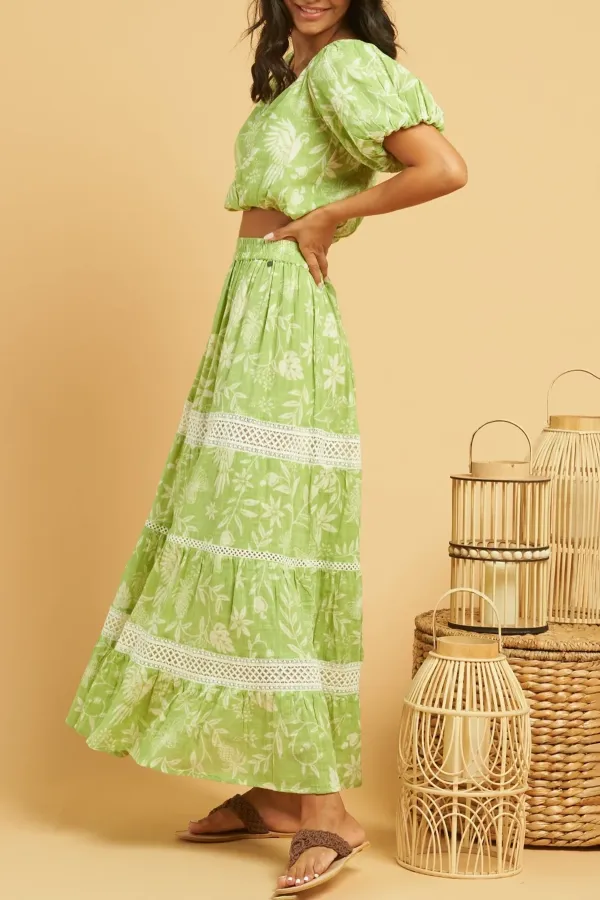Light Green And White Lace Trimmed Maxi Skirt