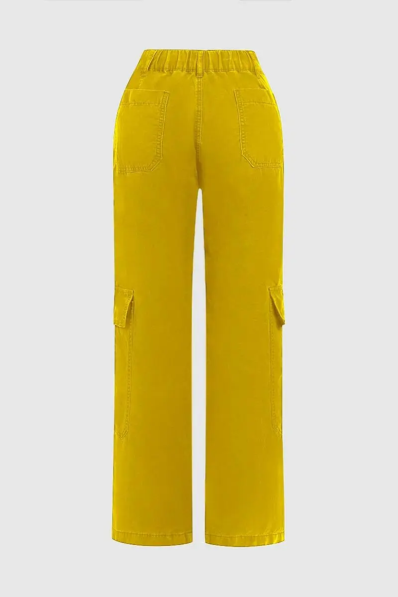Zip Detail Flap Pocket Cargo Mid Waist Straight Leg Pants