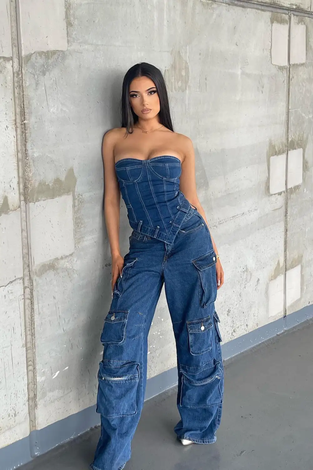 Tensions High Denim Corset Top - Medium Blue Wash