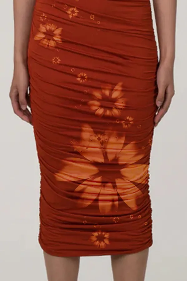 Sweetheart Neck Ruched Midi Cocktail Party Dress - Rust