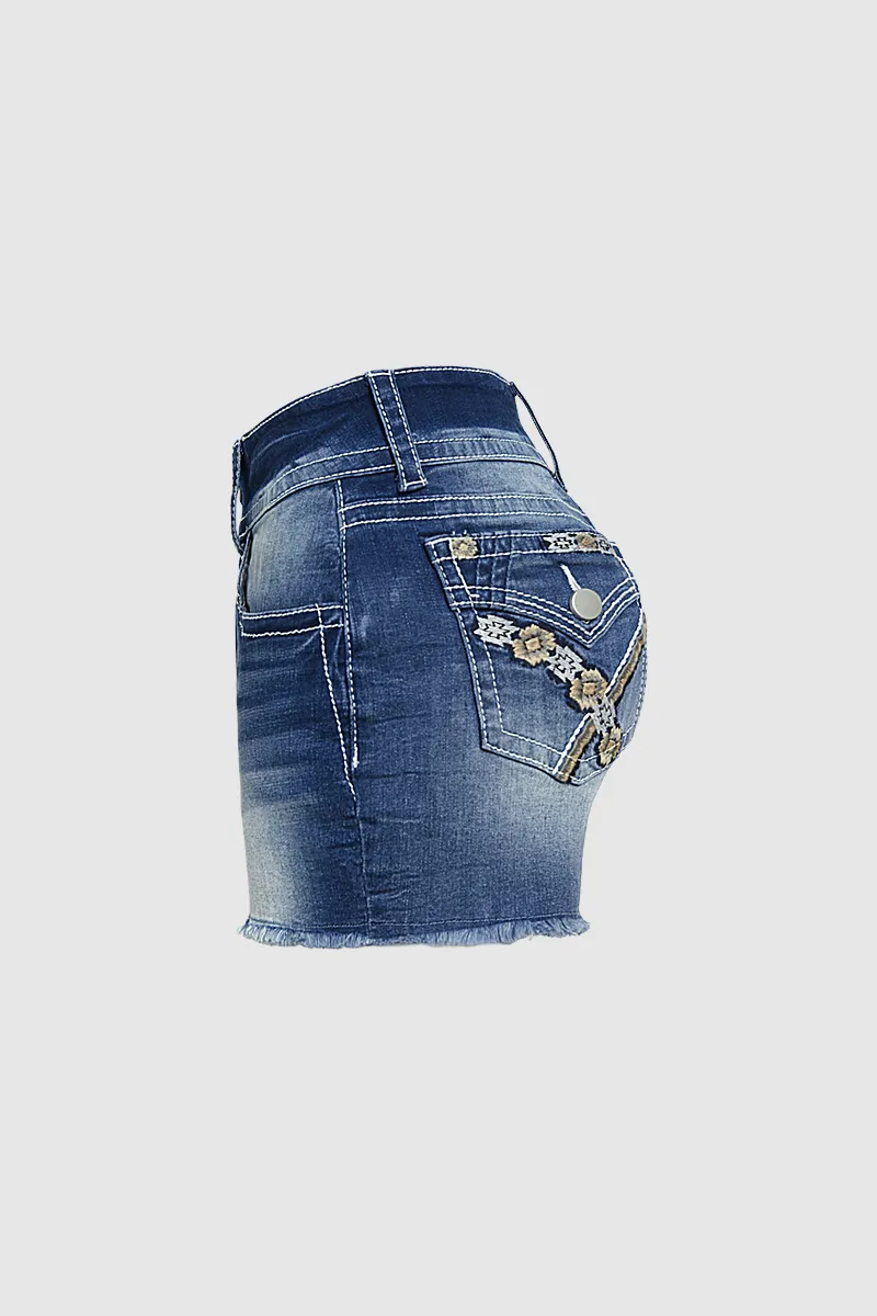 Embroidery Flap Detail Raw Hem Mid Rise Denim Shorts