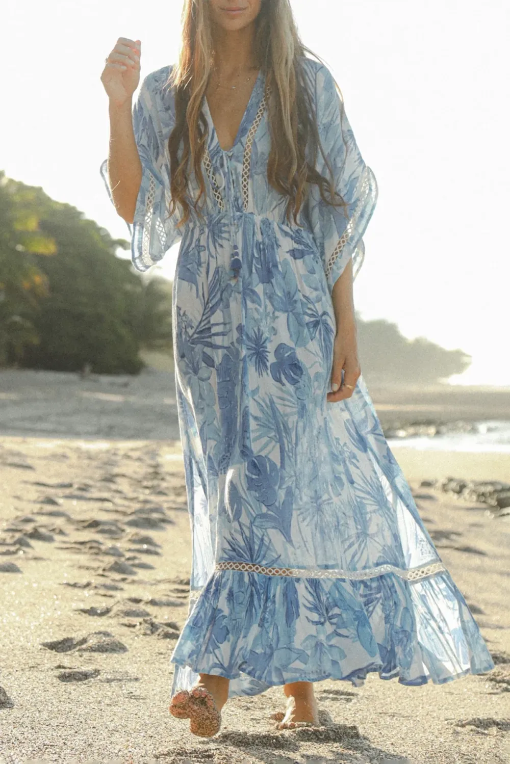Blue And White Tropical Print V Neck Maxi Dress