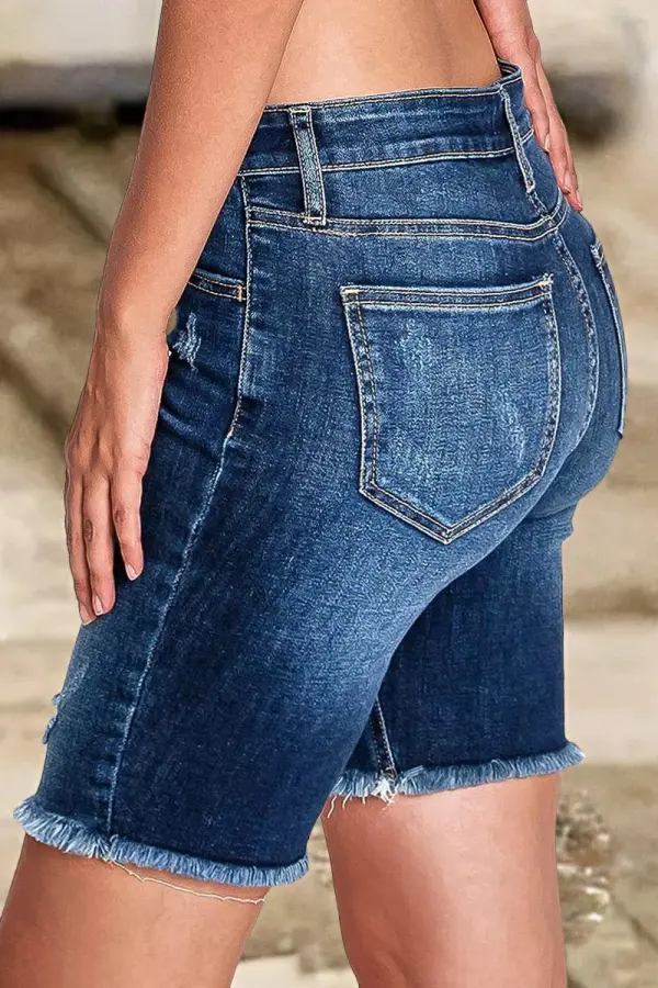 Ripped Raw Hem Mid Waist Denim Mid Thigh Shorts