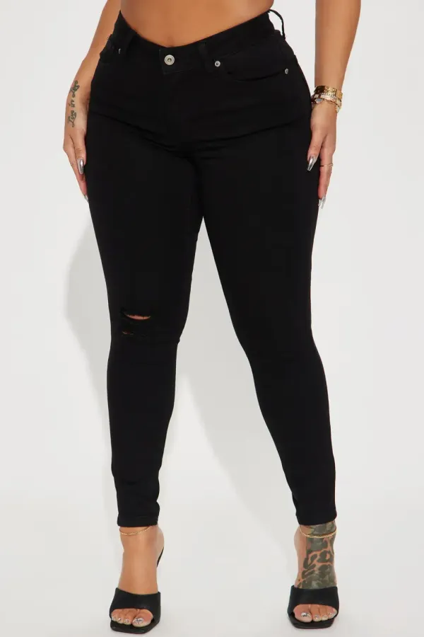 Caviar Mid Rise Ripped Ankle Skinny Jean - Black