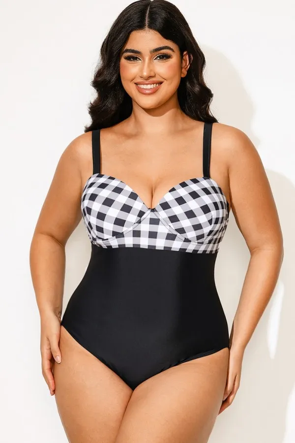 Lady Plaid Print Underwire One Piece Swimsuit