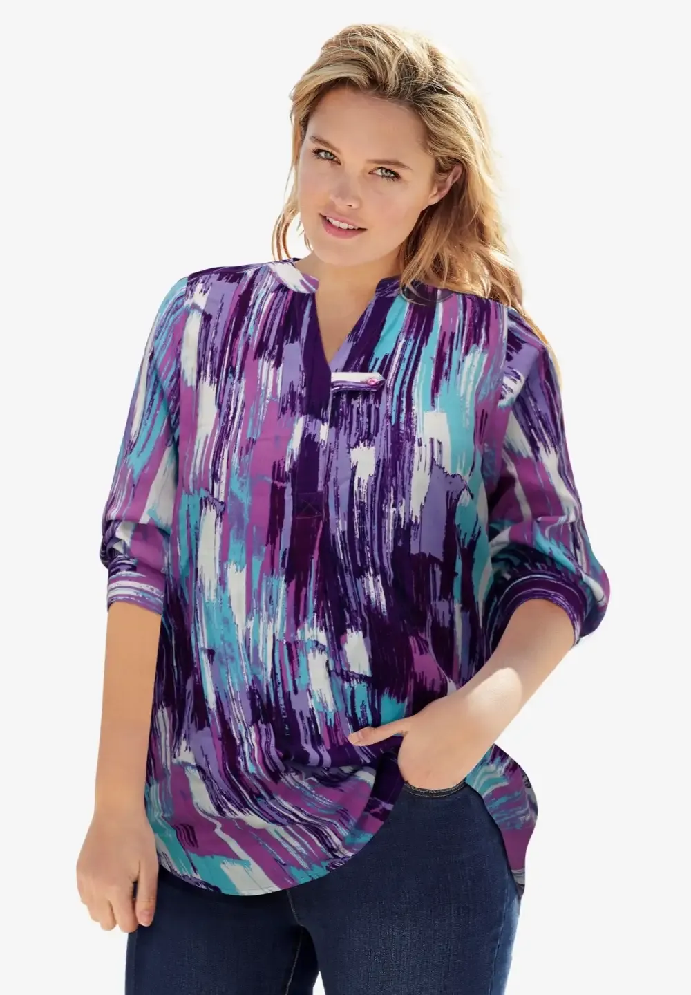 Rayon 7-Day Three-Quarter Sleeve Tab-Front Tunic