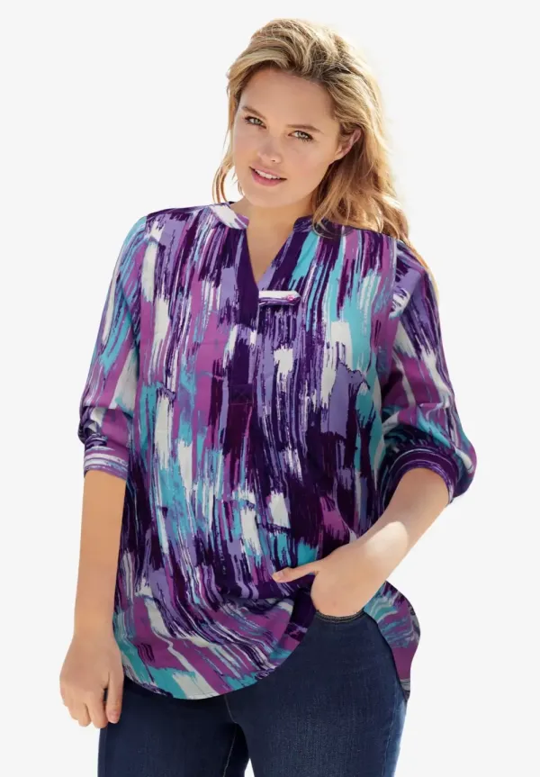 Rayon 7-Day Three-Quarter Sleeve Tab-Front Tunic