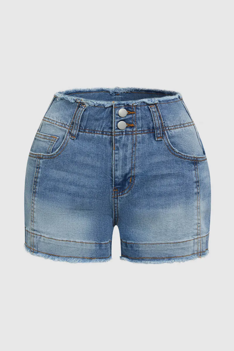 Raw Trim Ripped Dual Button High Waist Denim Shorts