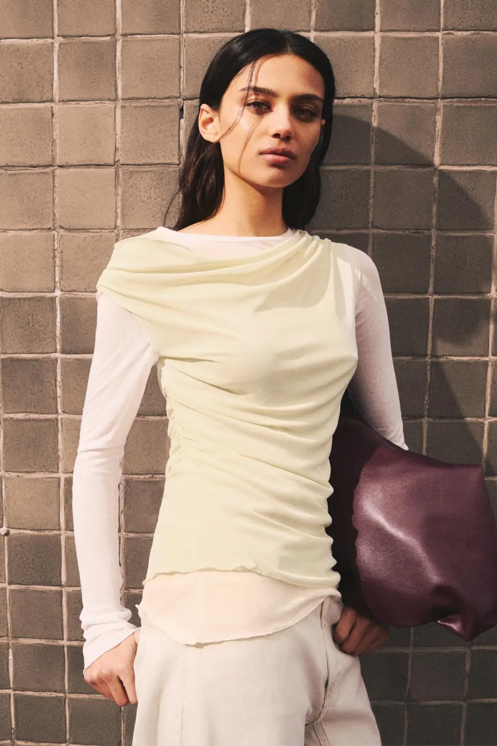 Semi-sheer asymmetric double-layer top