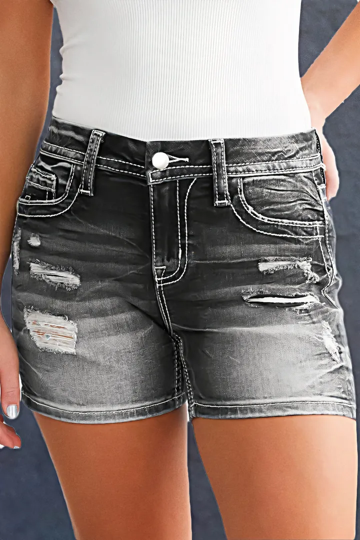 Animal Print Patched Ripped Mid Rise Denim Shorts