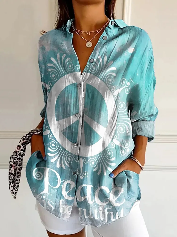 Women's Hippie Peace Print Casual Shirt