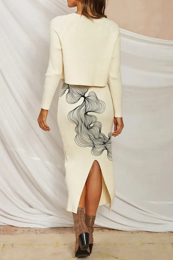 High Waist Rib Long Sleeve Winter Sweater Two Piece Dress - White