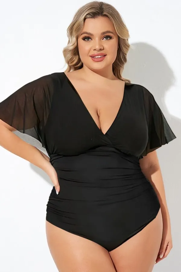 Black Wireless Mesh Flutter Sleeve One Piece Swimsuit