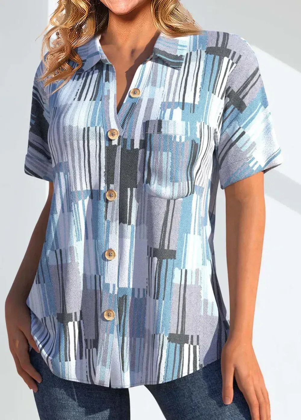 Denim Blue Pocket Short Sleeve Shirt Collar Blouse