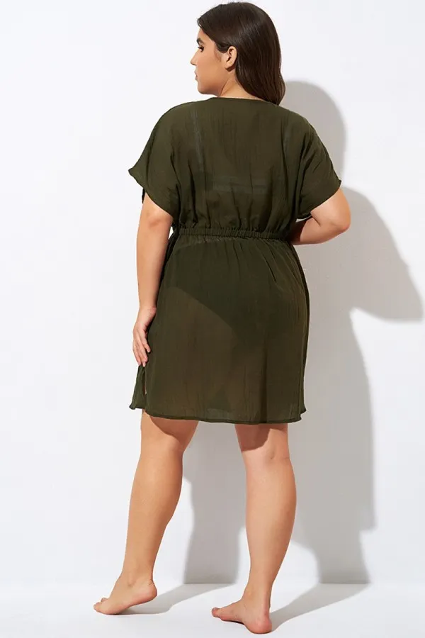 Dark Green V Neck Elastic Waisted Cover Up
