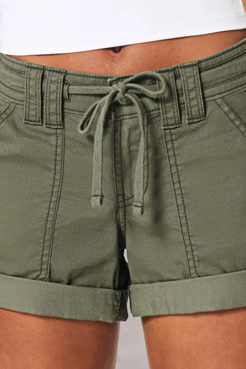 Solid Drawstring Roll Tab Hem Mid Waist Shorts