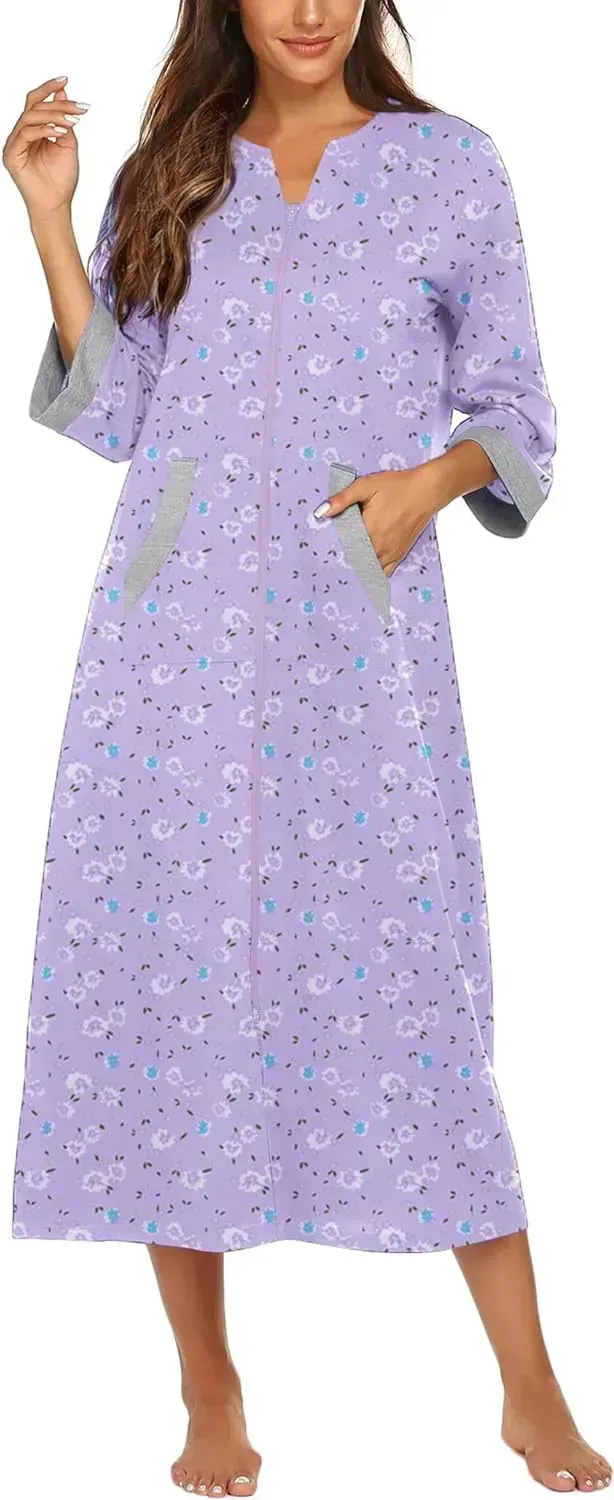 Women Zipper Robe 3/4 Sleeves Loungewear Dress Full Length Sleepwear Pockets Housecoat Nightgown Long Bathrobe