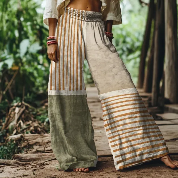 Retro Abstract Geometric Art Women's Linen Blend Casual Pants