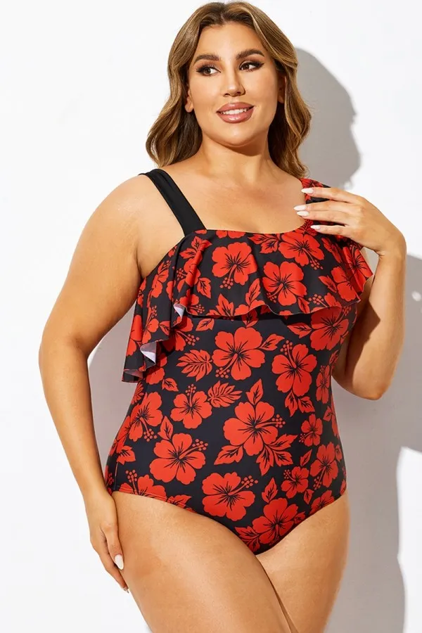 Red Floral Print Flounce Panel One Piece Swimsuit