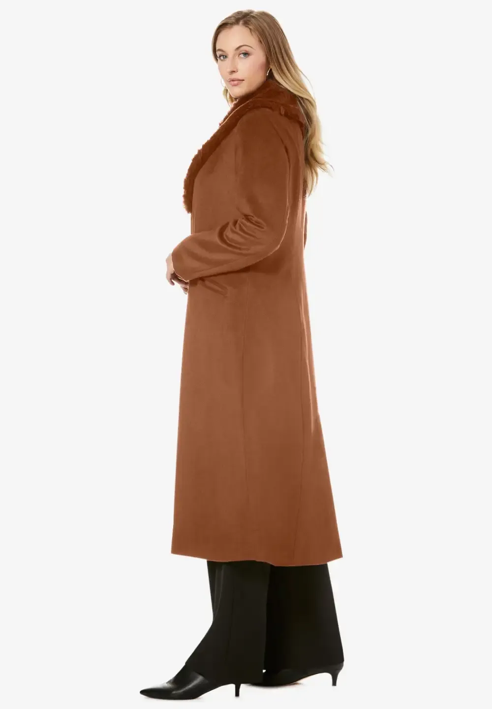 Long Wool-Blend Coat with Faux Fur Collar