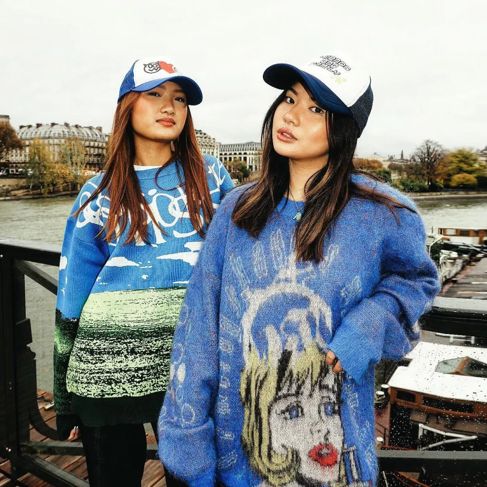 Blue Sweater Renaissance Street Wear Fashion Printing Seasonal Trend Special Design