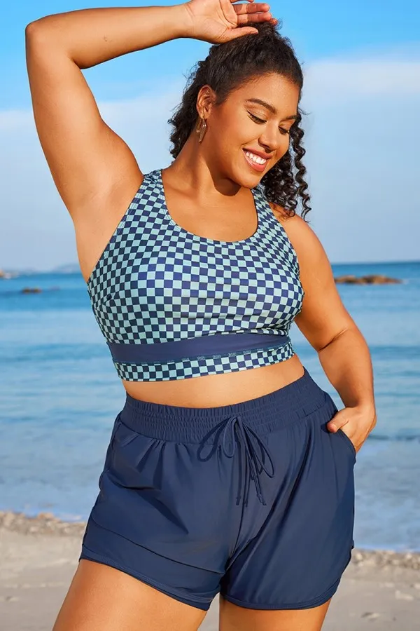Blue Check Round Neck Patchwork Bikini Top