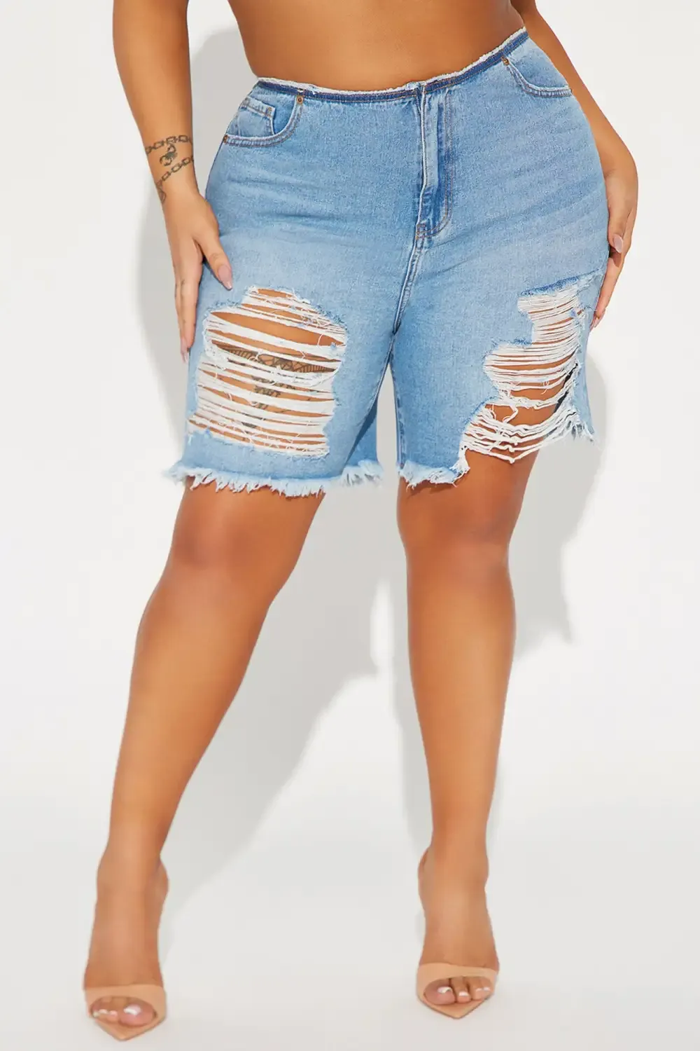 Flaunting It Ripped Denim Bermuda Shorts - Vintage Blue Wash