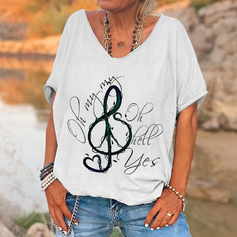 Musical Symbol Printed Basic T-shirt For Women