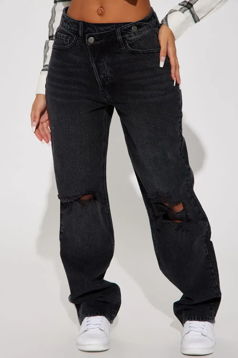Crossover Ripped Knee Straight Leg Jeans - Black Wash