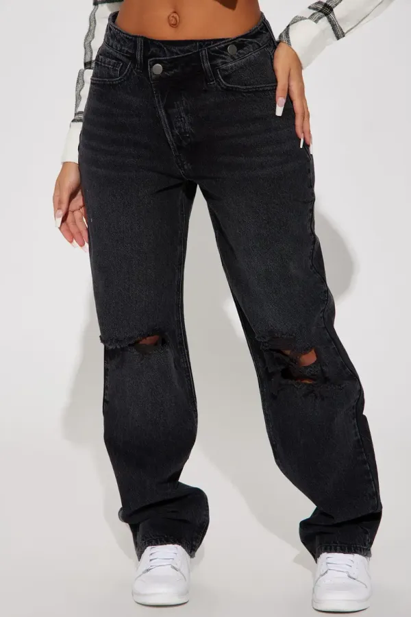 Crossover Ripped Knee Straight Leg Jeans - Black Wash