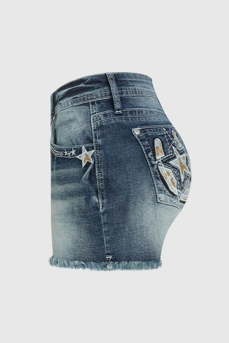 Star Embroidery Stitch Detail Mid Waist Denim Shorts