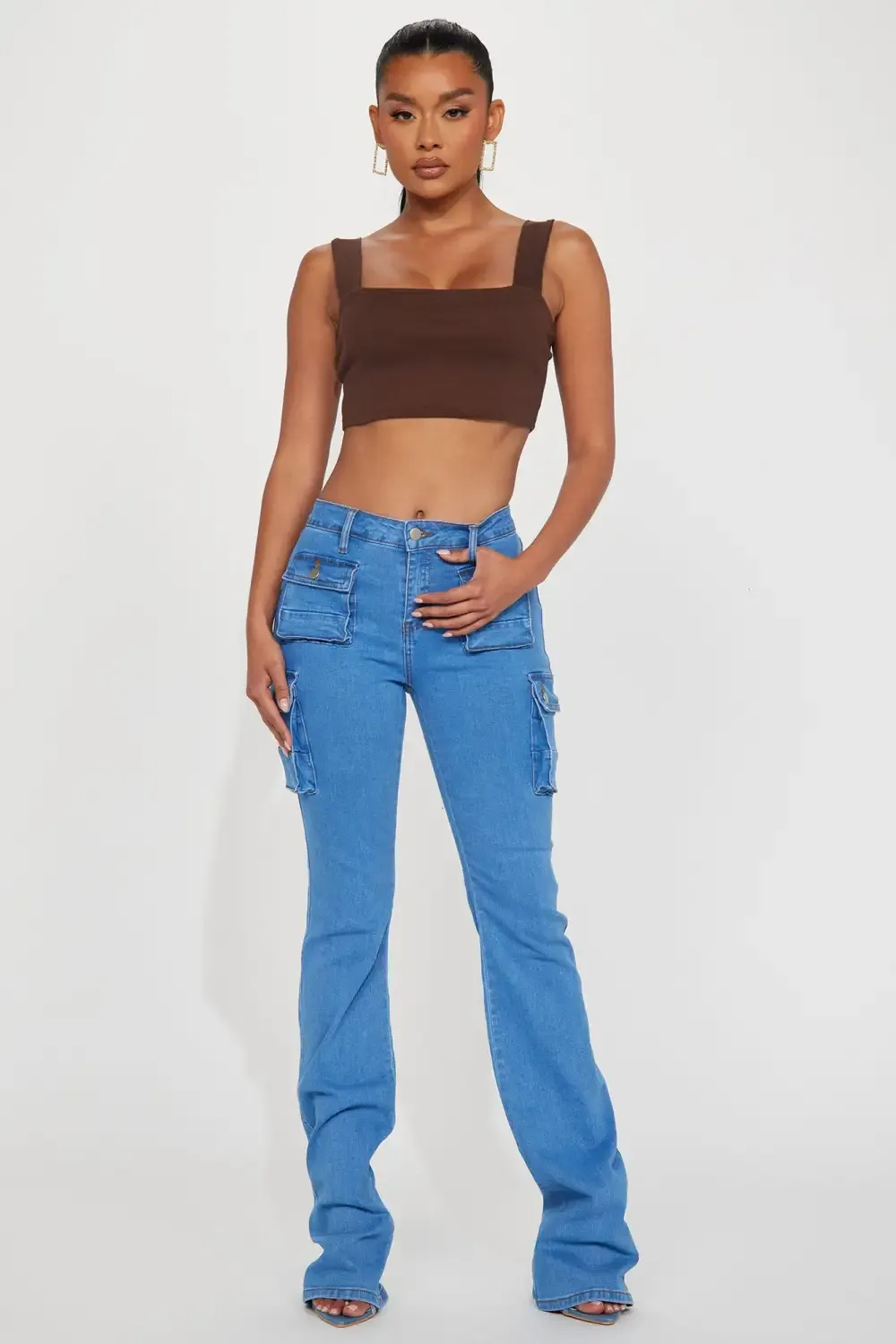 Tall Late Nights Mid Rise Cargo Flare Jeans - Medium Blue Wash