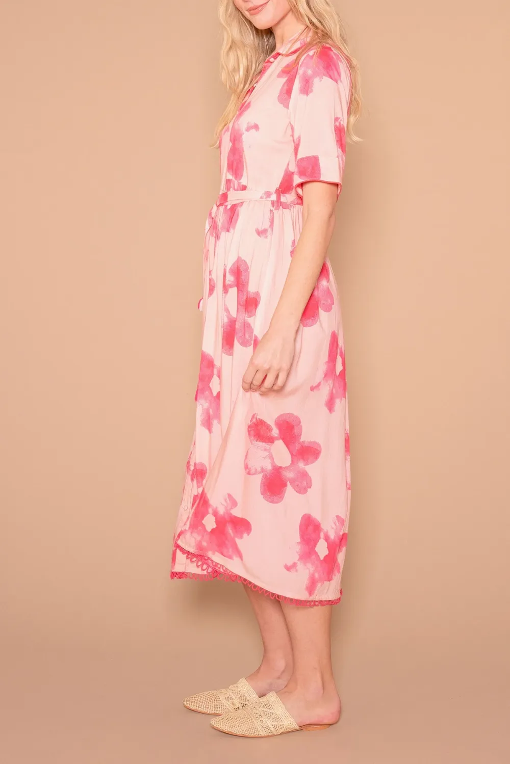 Pink And Red Floral Print Belted Maxi Dress