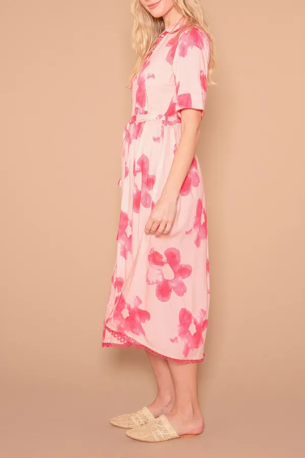 Pink And Red Floral Print Belted Maxi Dress