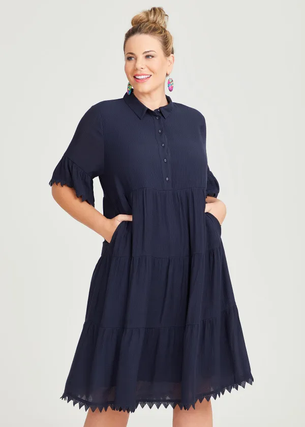 Natural Tiered Lace Trim Dress