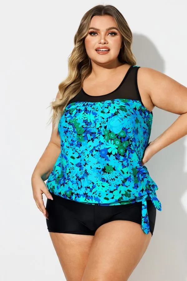 Plus Size Floral Print Mesh Cyan Tankini Top