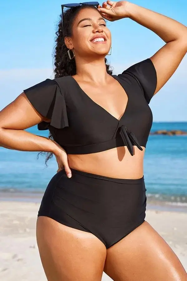 White Flutter-Sleeve Tie Detail Bikini Top
