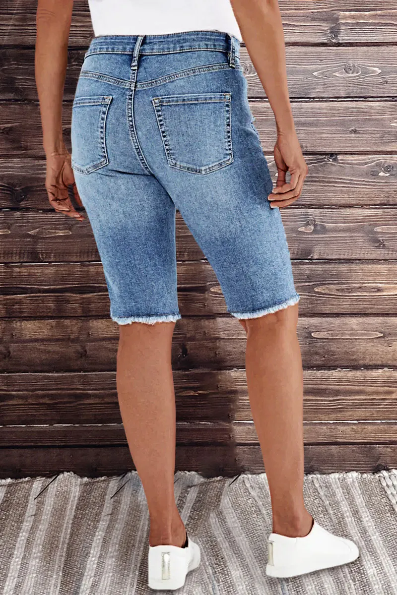 Floral Embroidery Raw Hem Mid Rise Denim Bermuda Shorts