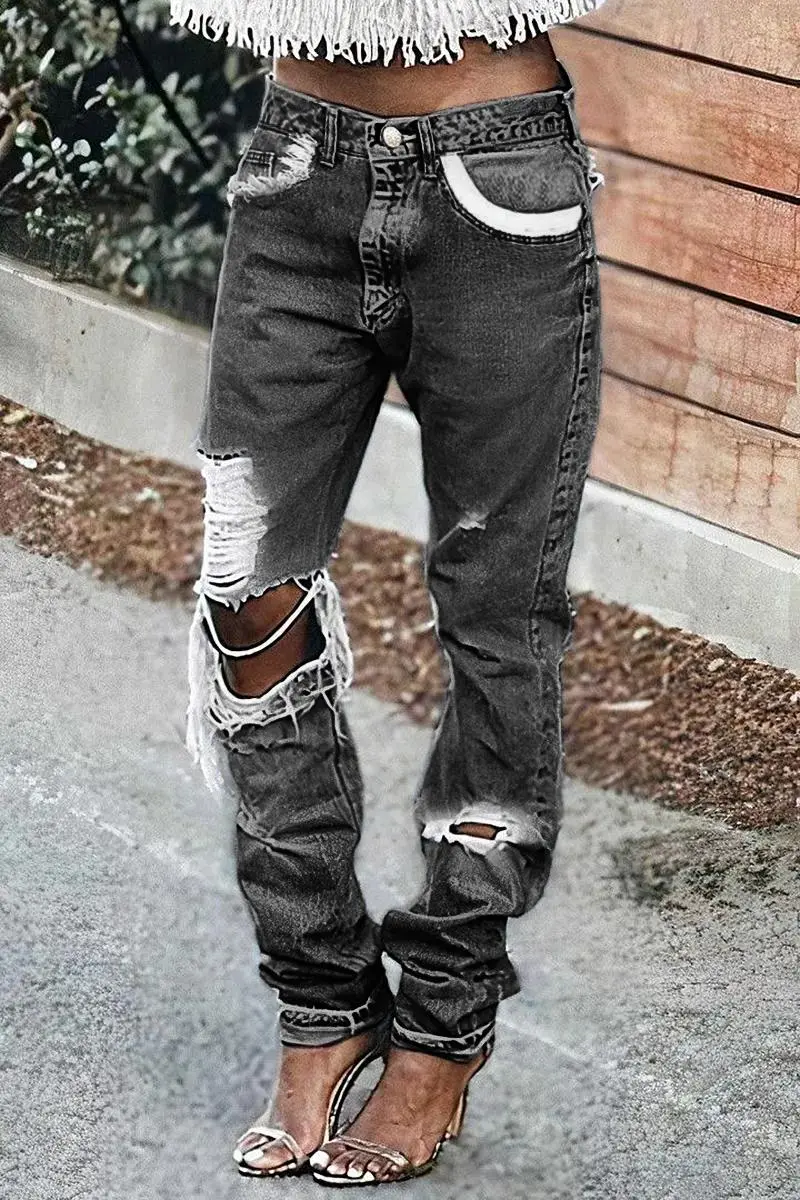 Cut Out Slant Pocket Low Waist Straight Leg Jeans