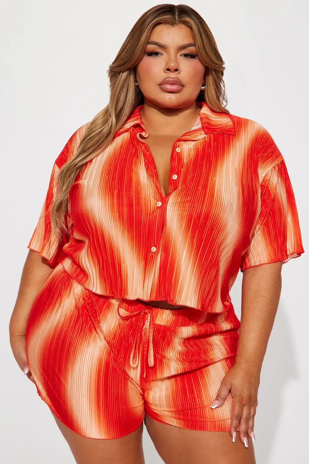 Adella Plisse Short Set - Orange