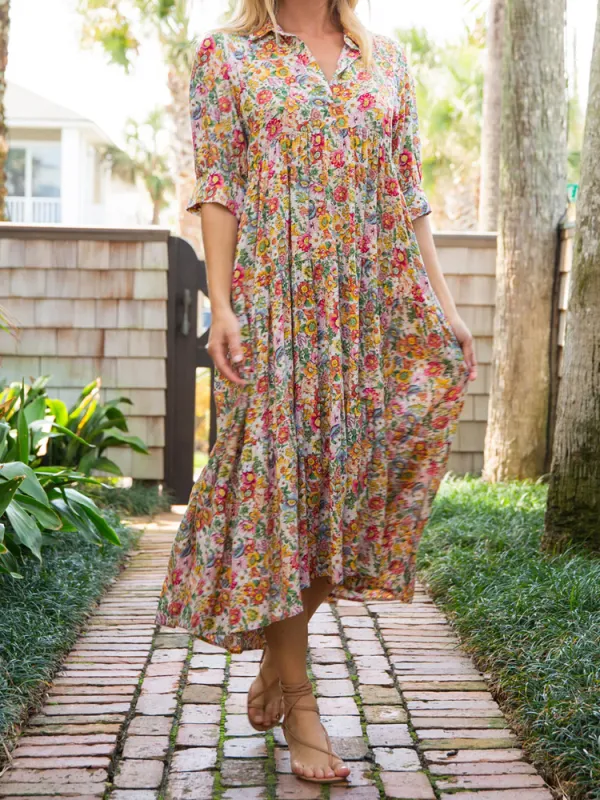 Women's Casual Floral Print Cotton And Linen Dress