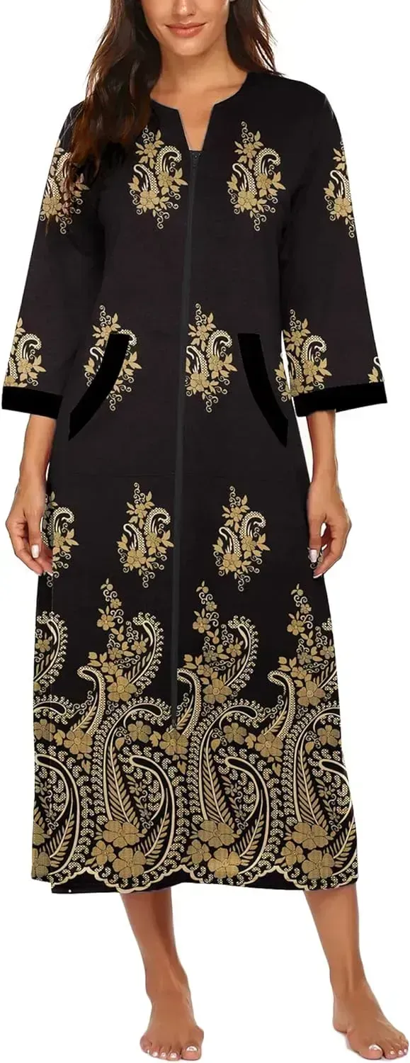 Women Zipper Robe 3/4 Sleeves Loungewear Dress Full Length Sleepwear Pockets Housecoat Nightgown Long Bathrobe