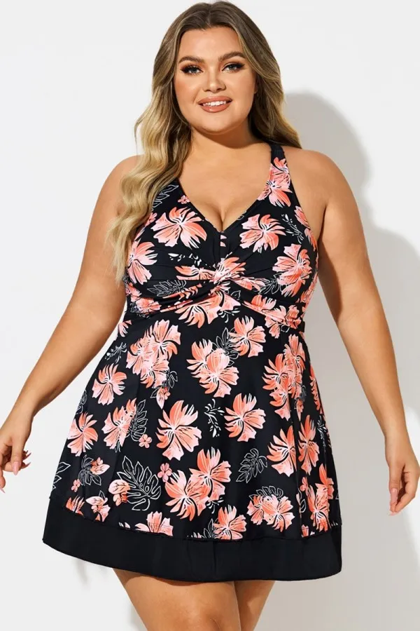 Plus Size Floral Print V-Neck Crisscross Back Swimdress