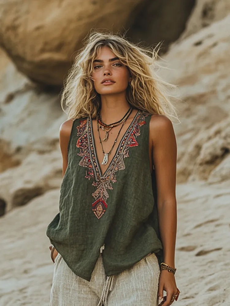 Women's Retro Bohemia Ethnic Style Linen V-neek Sleeveless Top