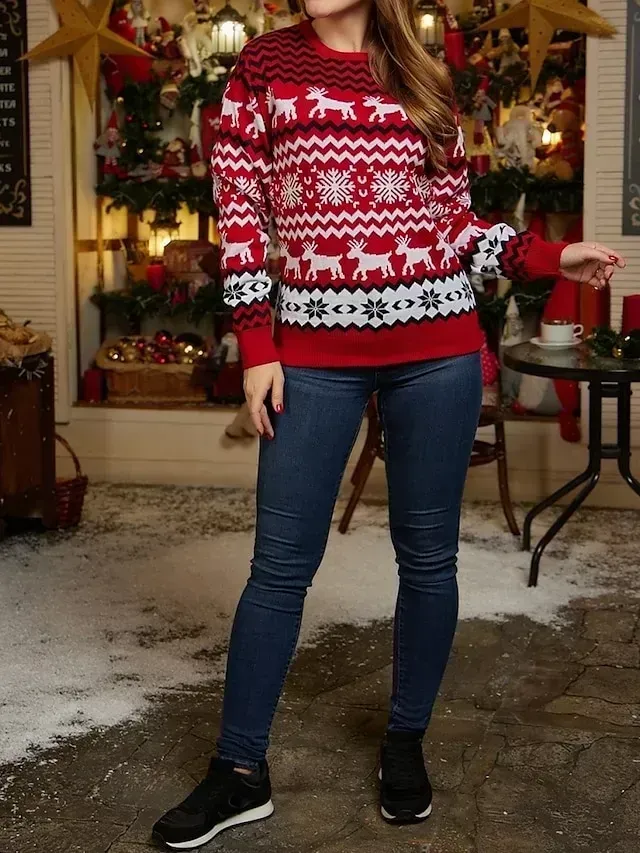 Women's Ugly Christmas Sweater Pullover Sweater Jumper Crew Neck Ribbed Knit Polyester Patchwork Fall Winter Regular Outdoor Xmas Daily Stylish Casual Soft Long Sleeve Elk Striped Snowflake