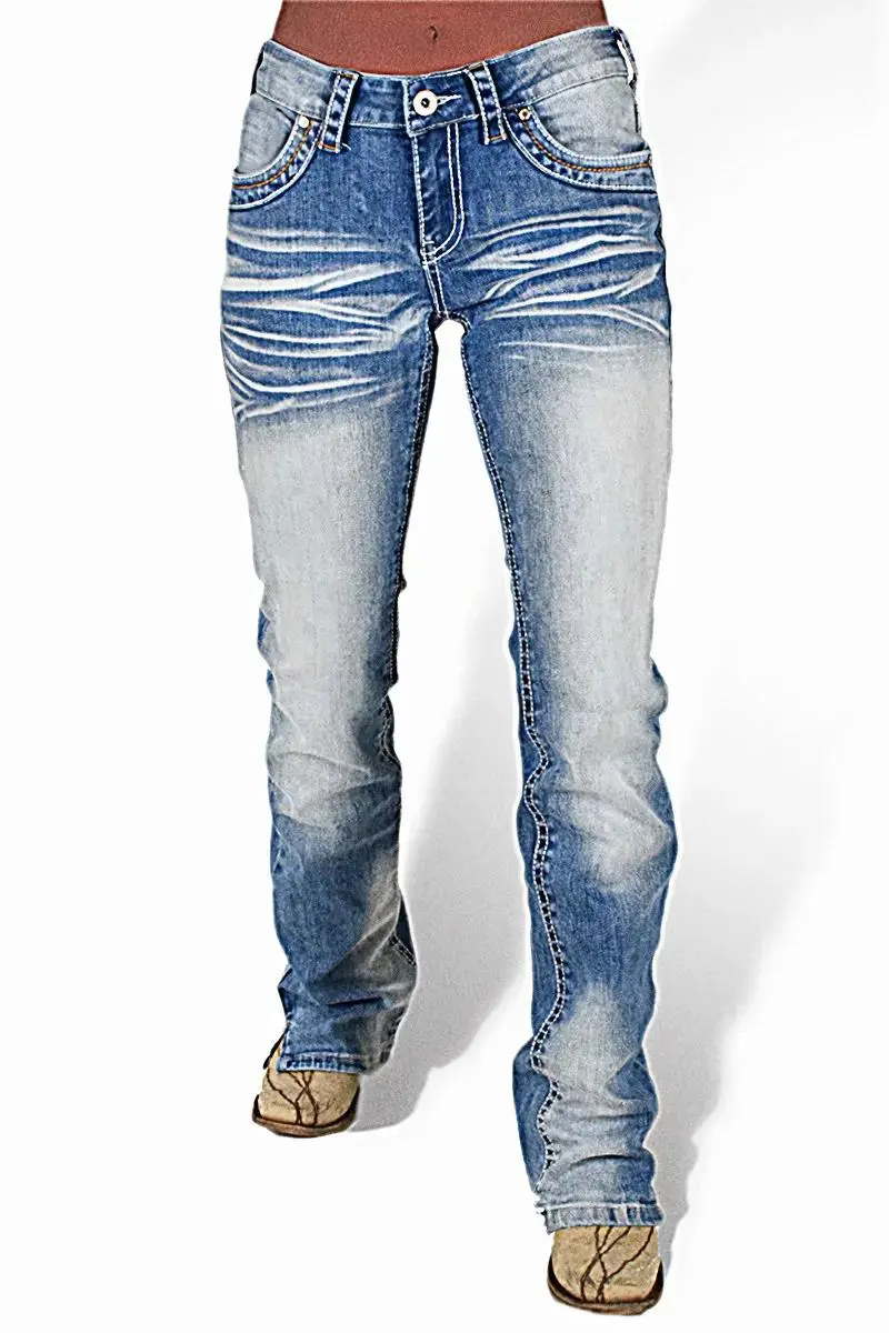 Washed Stretchy Split Hem Mid Rise Bootcut Jeans